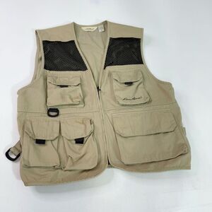 Vintage Eddie Bauer Fishing Vest Mens Medium Pockets Mesh Tan Khaki Utility